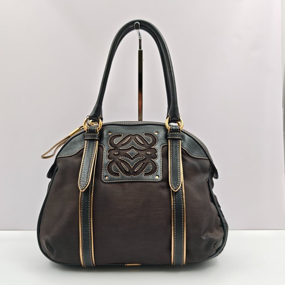 Vintage Loewe Anagram Black Nylon Leather Handbag Shoulder Bag